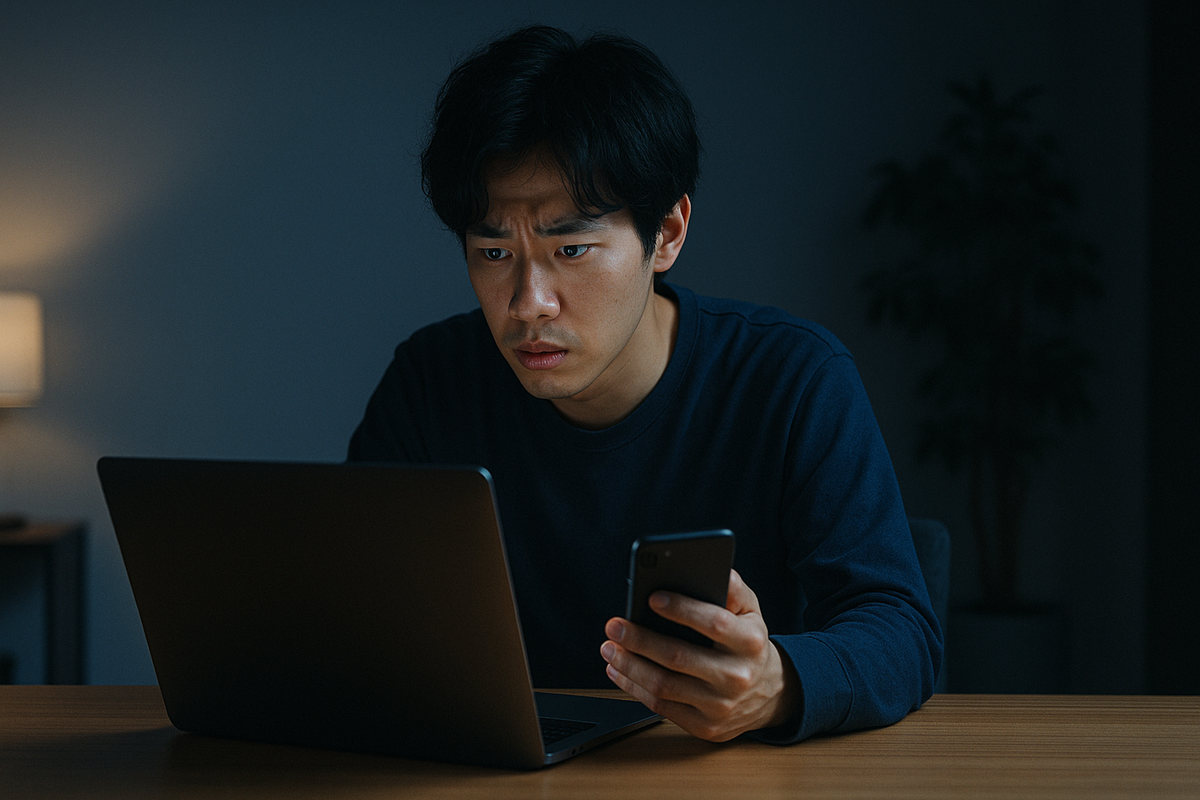 Switch2の抽選結果をパソコンとスマホで確認して驚く男性