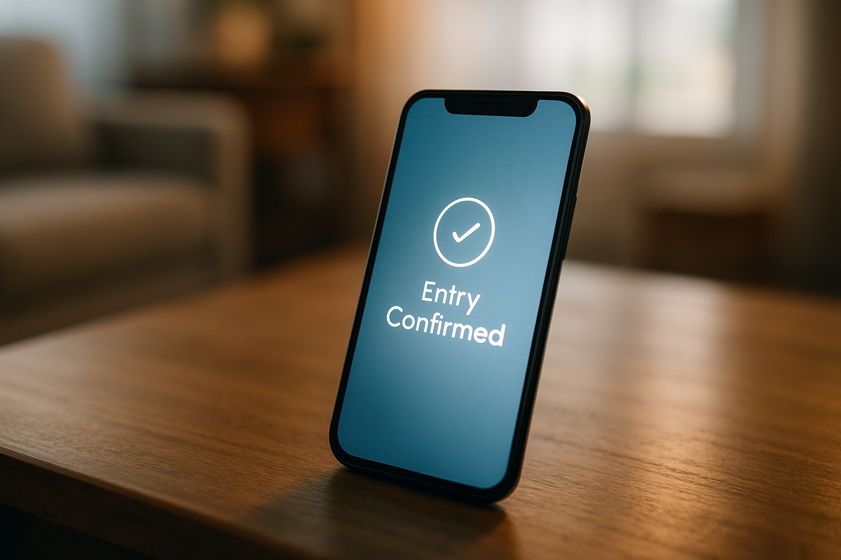 Smartphone on table showing 'Entry Confirmed' with check mark on blue background