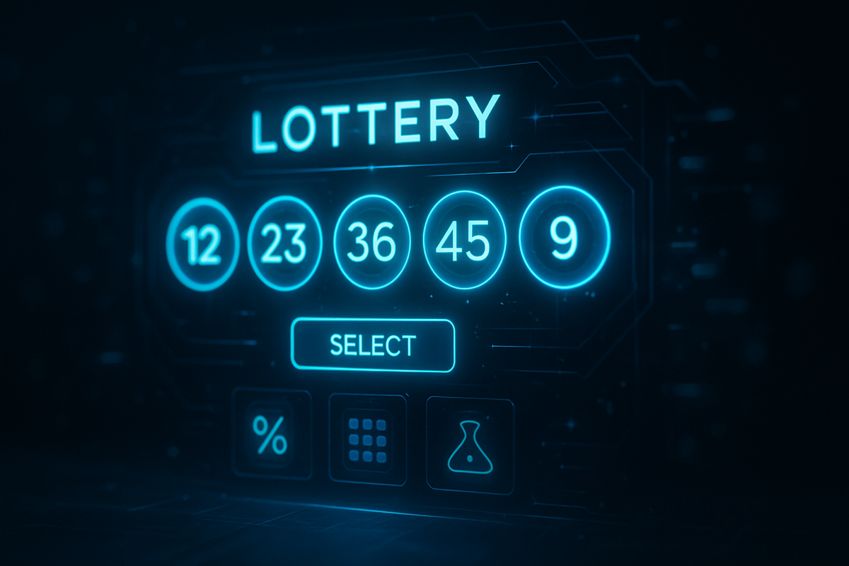 Futuristic digital lottery interface with glowing numbers and SELECT button on screen