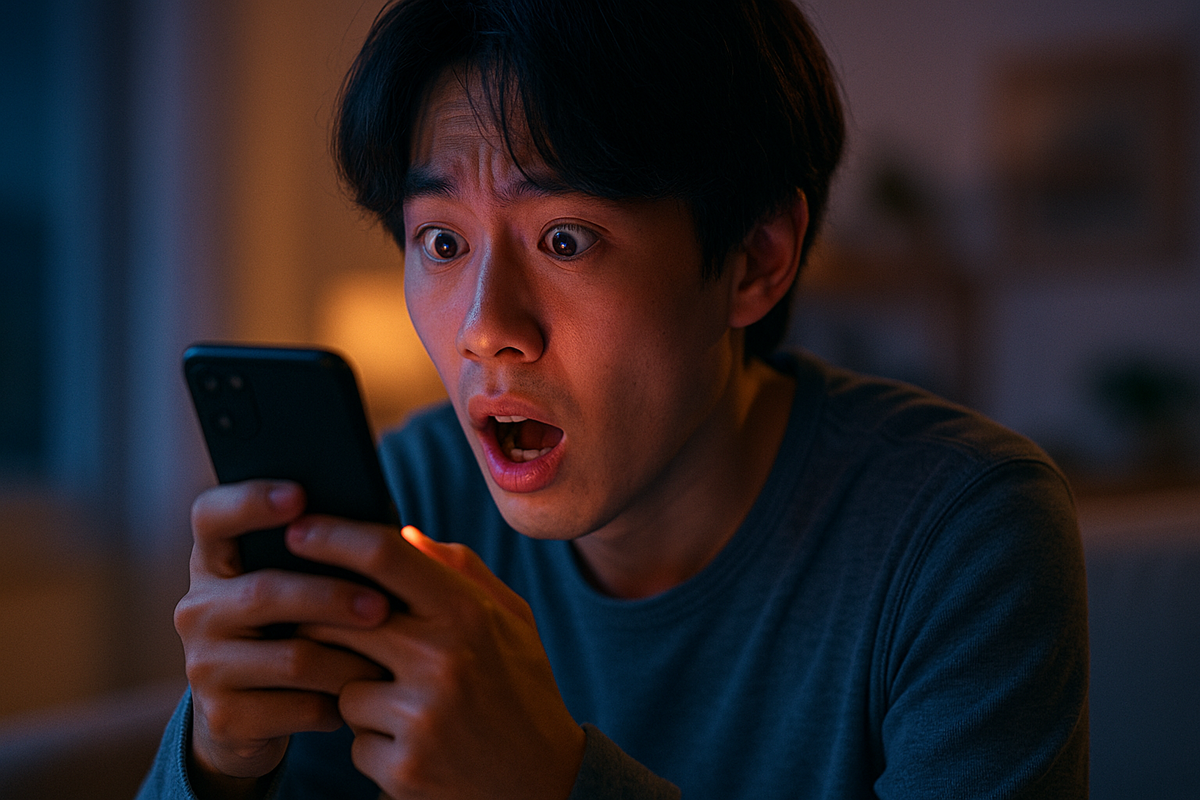 Shocked man staring at his smartphone screen with wide open mouth and eyes, dramatic lighting
