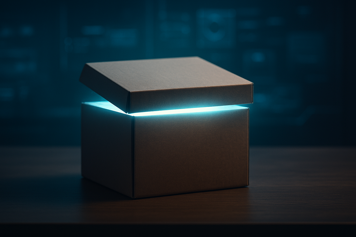 A glowing box opening with mysterious blue light in a dark room – symbolizing a surprise lottery result or a tech reveal.