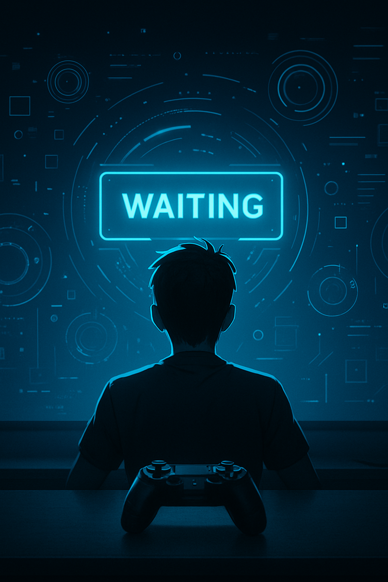 ゲーム抽選の結果を待つプレイヤーの後ろ姿と「PLEASE WAIT」のメッセージ画面