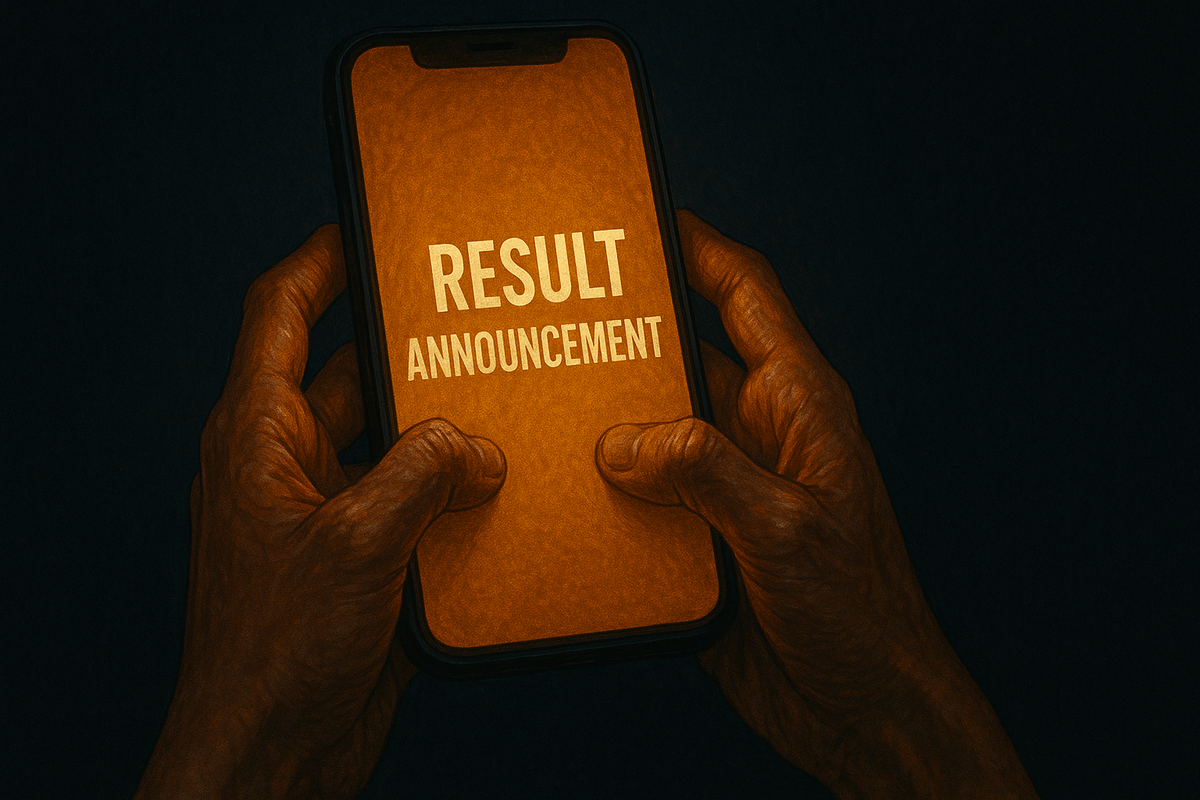 スマートフォンに表示された「RESULT ANNOUNCEMENT」の通知を見る手元のクローズアップ