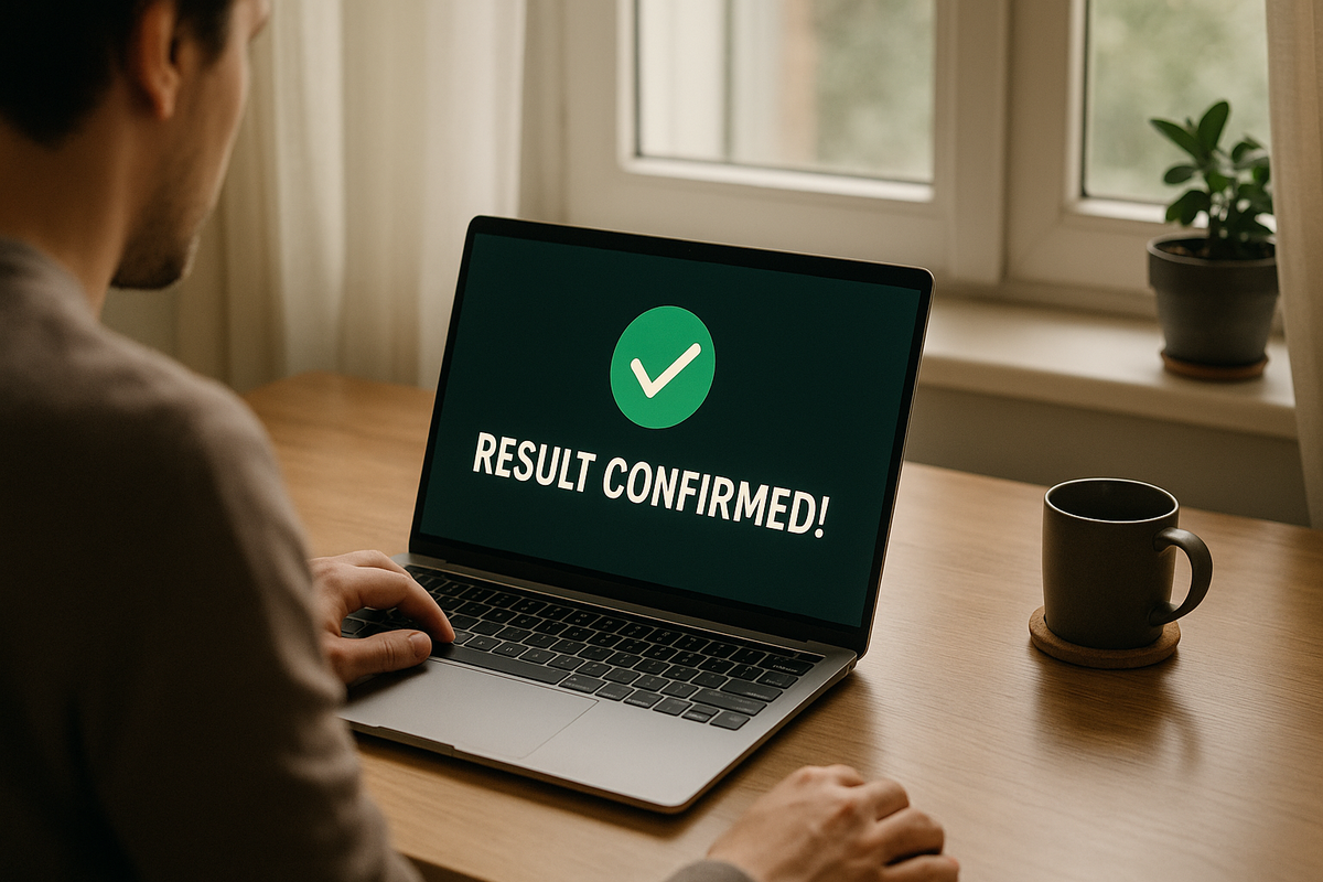 A person sitting at a wooden desk, looking at a laptop screen displaying a green checkmark and the words “RESULT CONFIRMED!” — symbolizing success or confirmation of a lottery or application result.