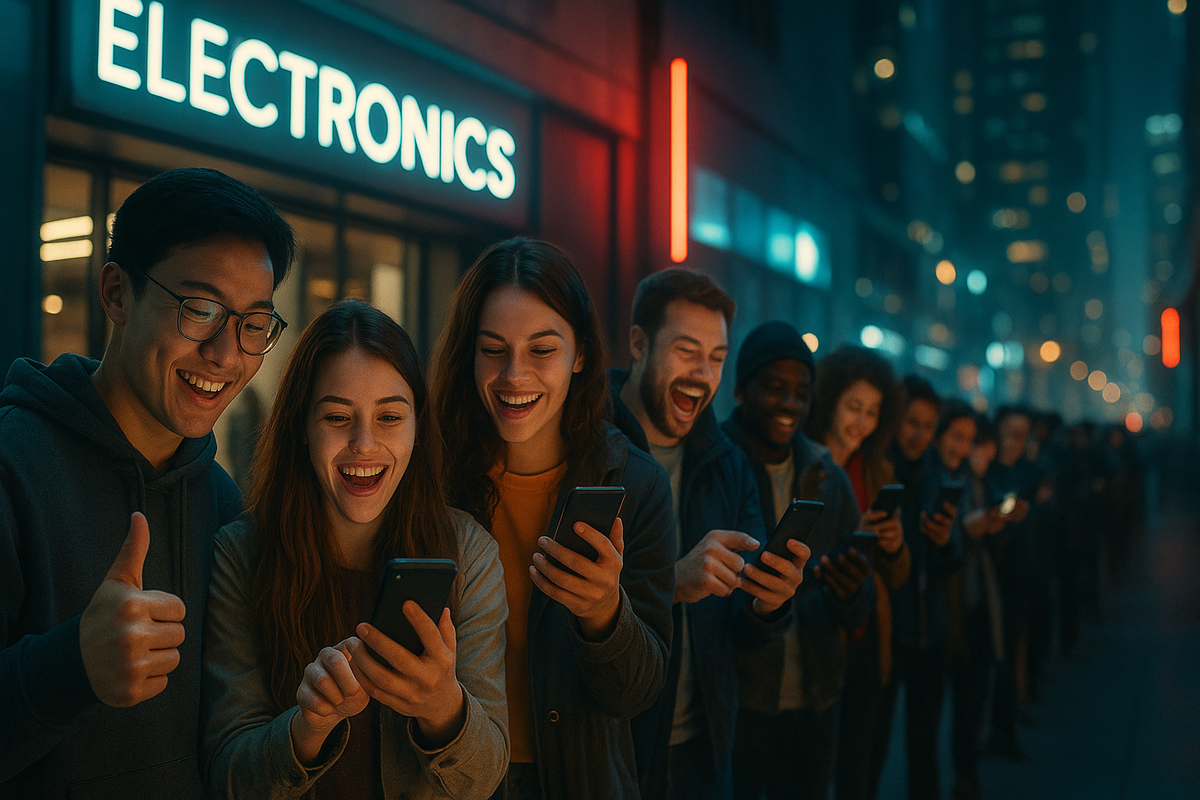 A group of young people happily checking their smartphones in front of an electronics store at night, likely reacting to a lottery result or product launch.
