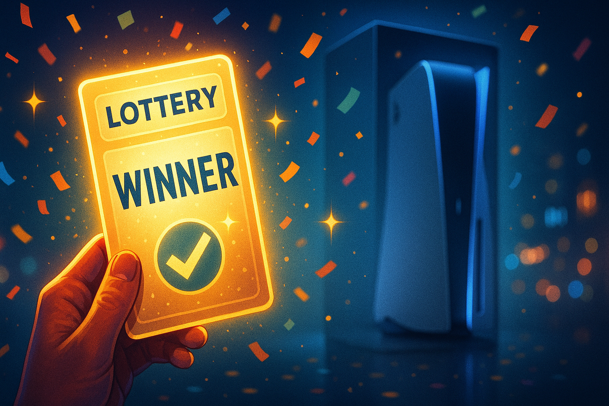 Winning lottery ticket with confetti and a game console in the background, symbolizing success in a tech product lottery.