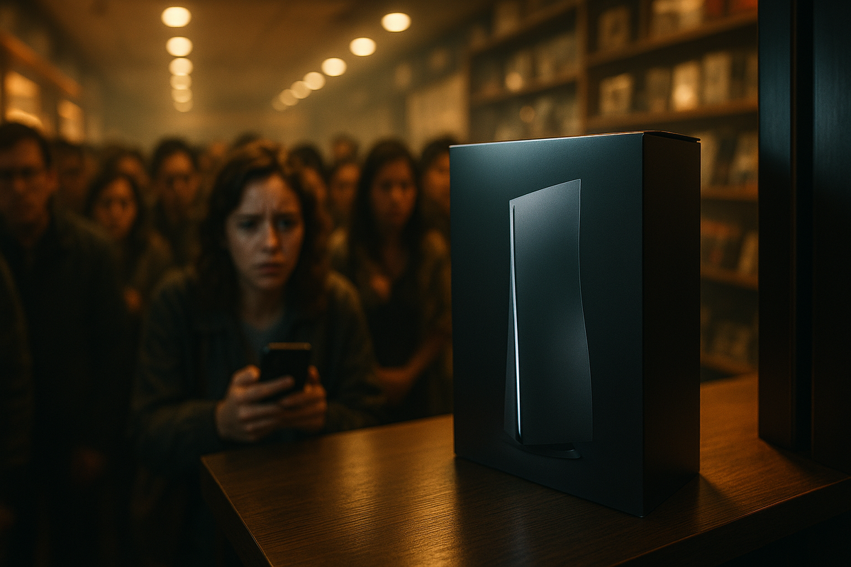 A young man looking shocked while checking his phone in front of a new console on a shelf, with a crowd behind him.
