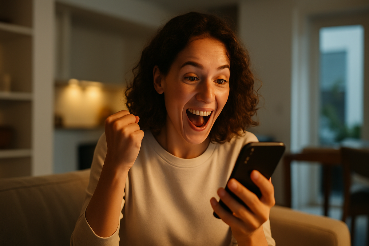 夜のリビングでスマートフォンを見て、大きな笑顔とガッツポーズでメッセージに喜びを表現する若い女性