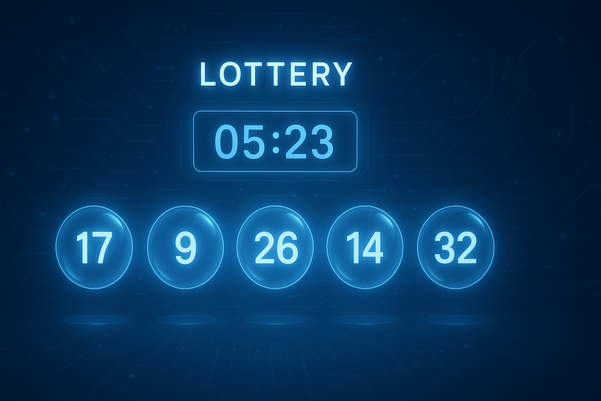Digital lottery result screen with glowing blue numbers and a countdown timer showing "05:23".