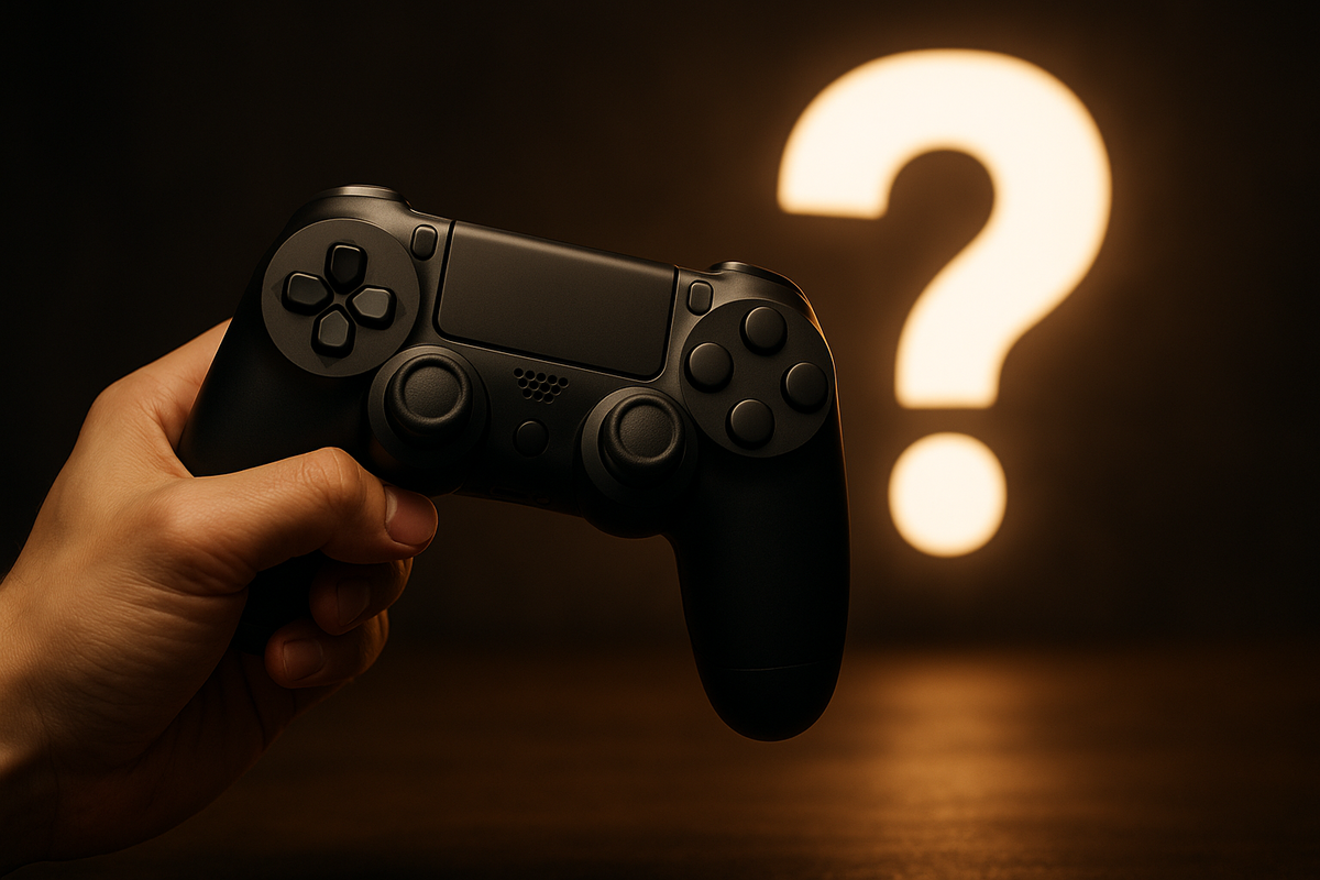 A hand holding a generic black game controller in front of a glowing question mark symbol in the dark, symbolizing uncertainty or a game-related announcement"