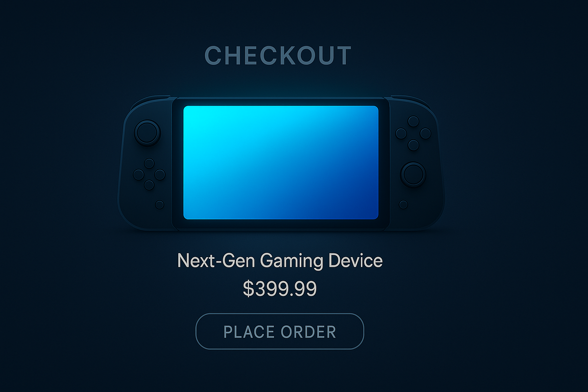 Next-gen handheld gaming device checkout screen with dark mode interface and glowing blue display