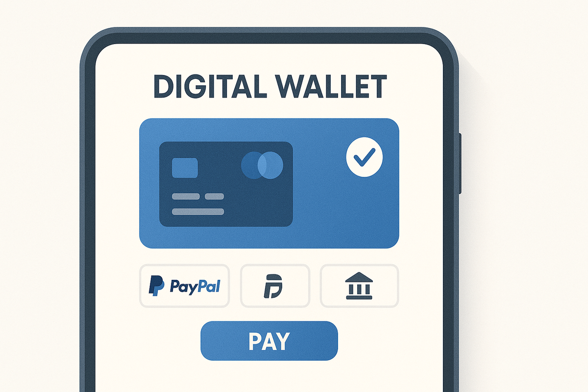 Smartphone screen showing digital wallet checkout with credit card, PayPal, and bank transfer options