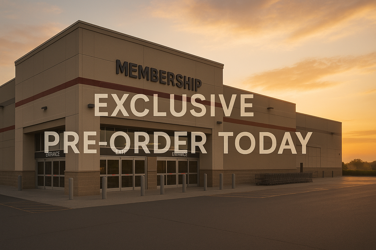 大手会員制倉庫店の外観に「EXCLUSIVE PRE-ORDER TODAY（本日限定予約）」の文字が表示された画像。予約の限定性を強調。