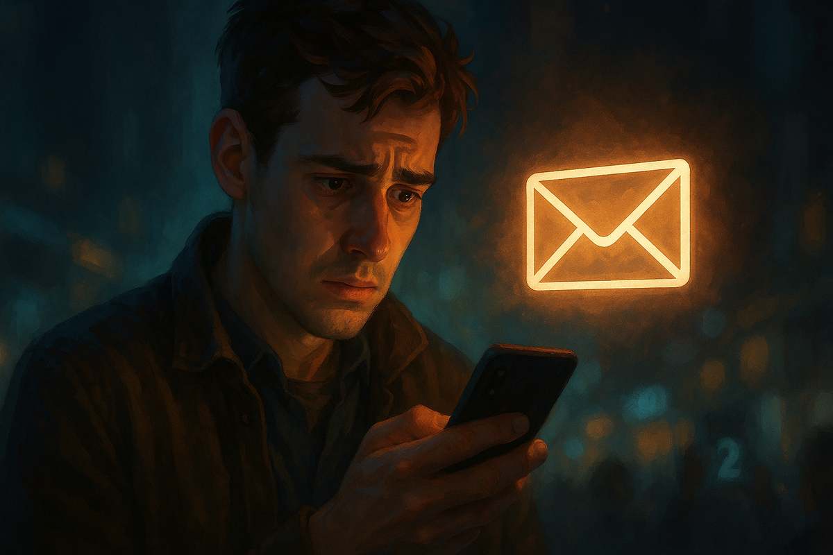 抽選結果のメールを確認して不安そうにスマホを見る男性のイラスト。 glowing メールアイコンと夜の雰囲気が印象的。
