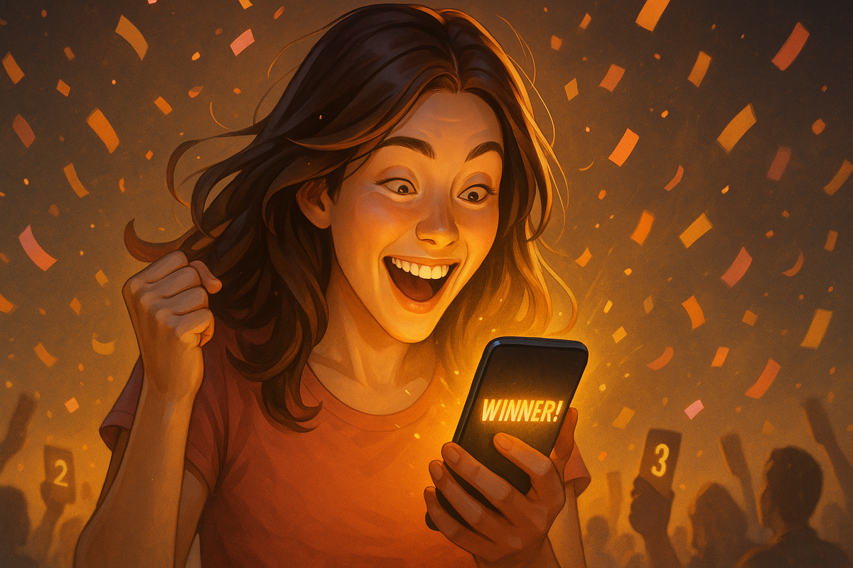 スマホを見て歓喜する女性。画面には“WINNER!”の文字。背景には紙吹雪と観客が盛り上がる様子