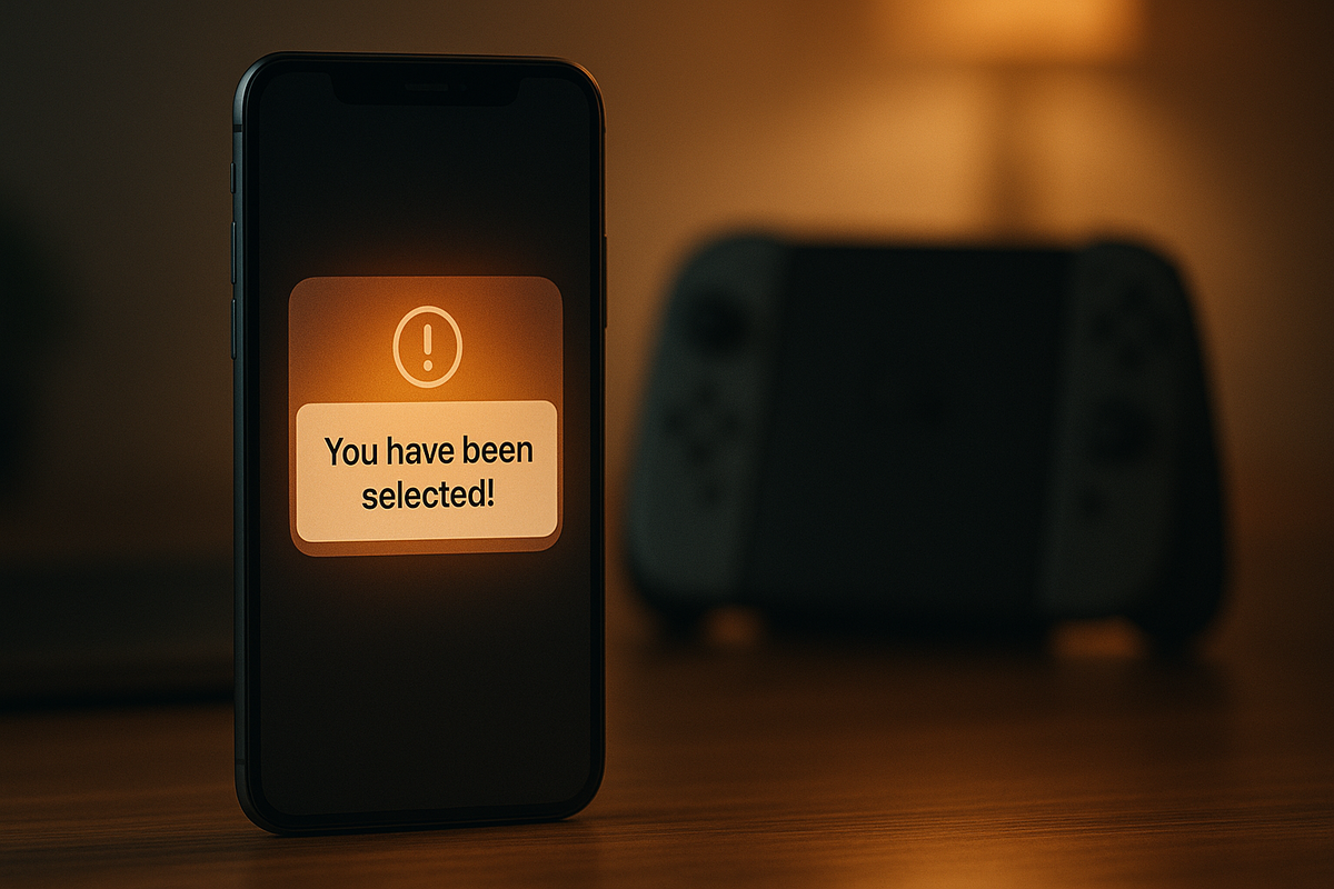 A smartphone screen showing "You have been selected!" notification, with a blurred game controller in the background — symbolizing Amazon's Switch 2 invitation result
