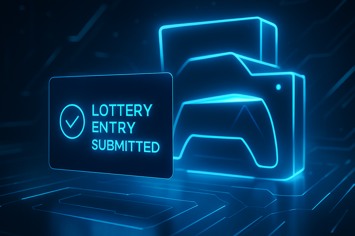 「Lottery Entry Submitted」の文字と、背景に光るゲームコントローラー型オブジェクト