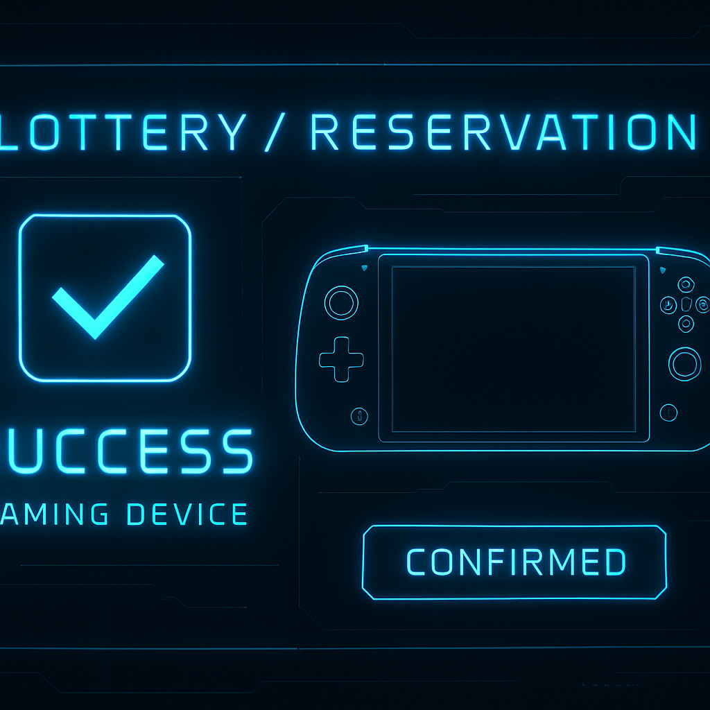 Gaming device reservation or lottery confirmed. Success notification screen in neon style.