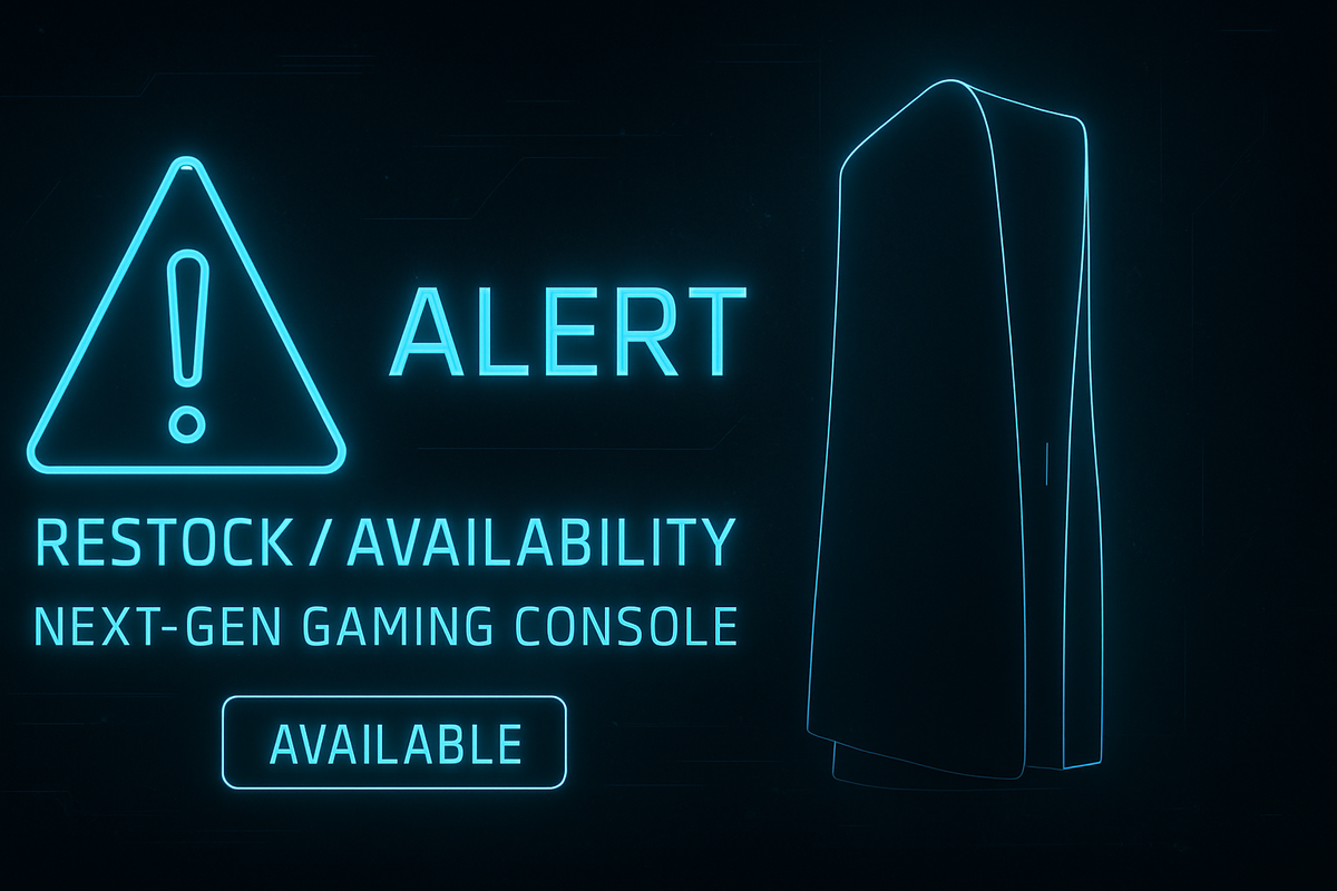 Restock alert for next-gen gaming console. Availability confirmed and highlighted in neon style.