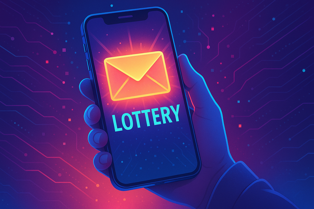 "スマホに届いた抽選結果通知のイメージ。封筒アイコンが光る画面に『LOTTERY』の文字が表示された近未来的なデザイン"
