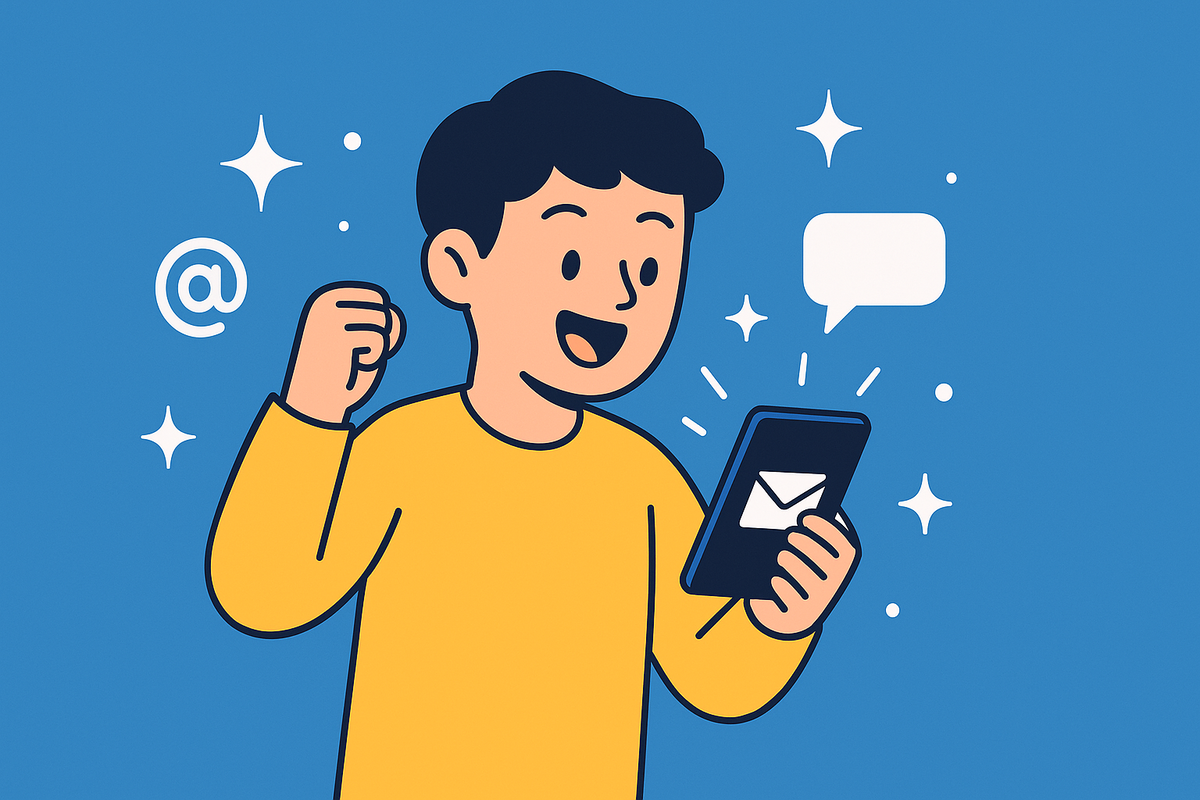 Person excitedly checking smartphone after receiving a notification message about winning a prize.