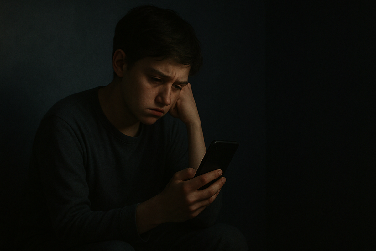 Looking disappointed, a young person stares at their smartphone in a dim room — no notifications appear.