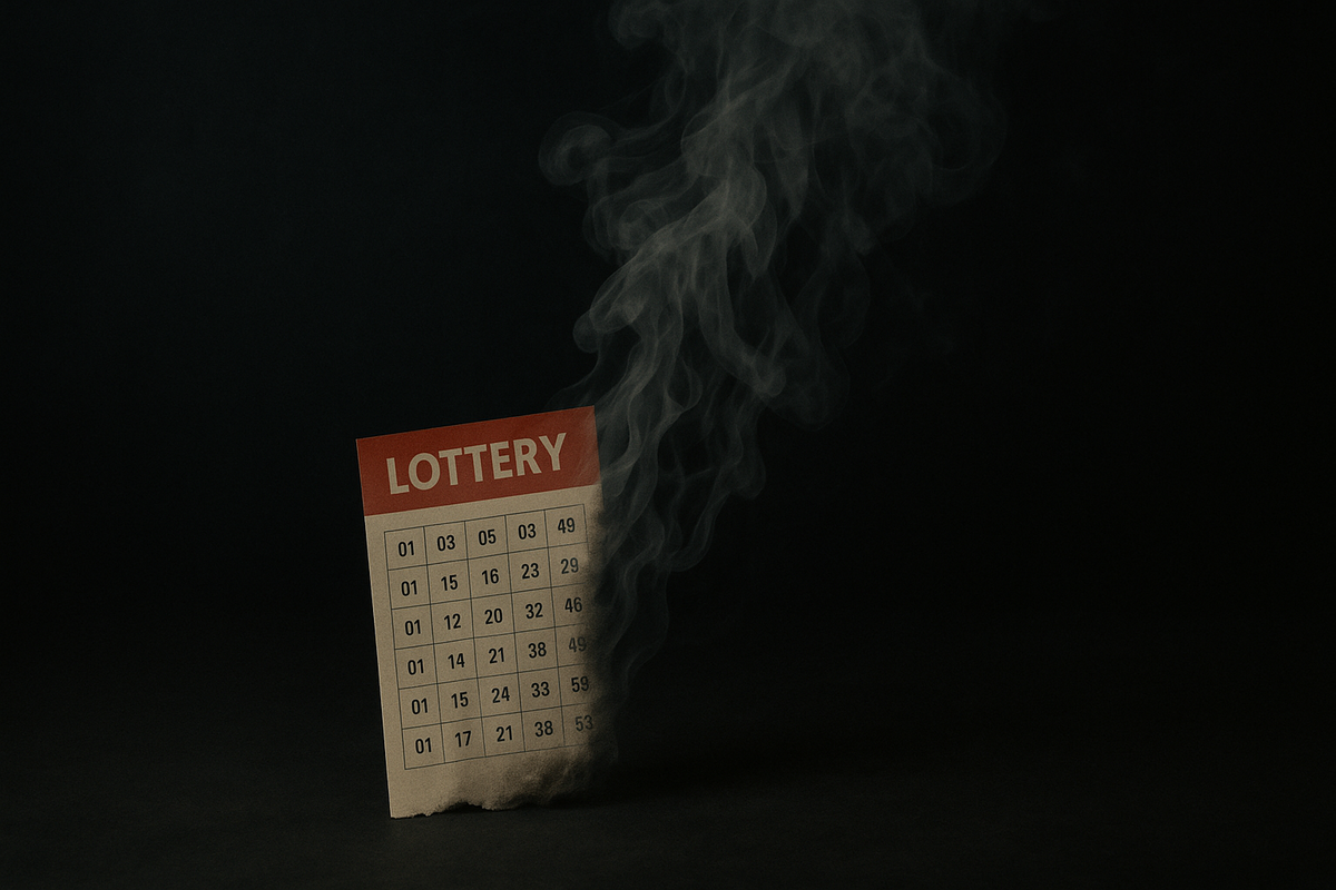 A burning lottery ticket with smoke rising, symbolizing disappointment or lost chance.