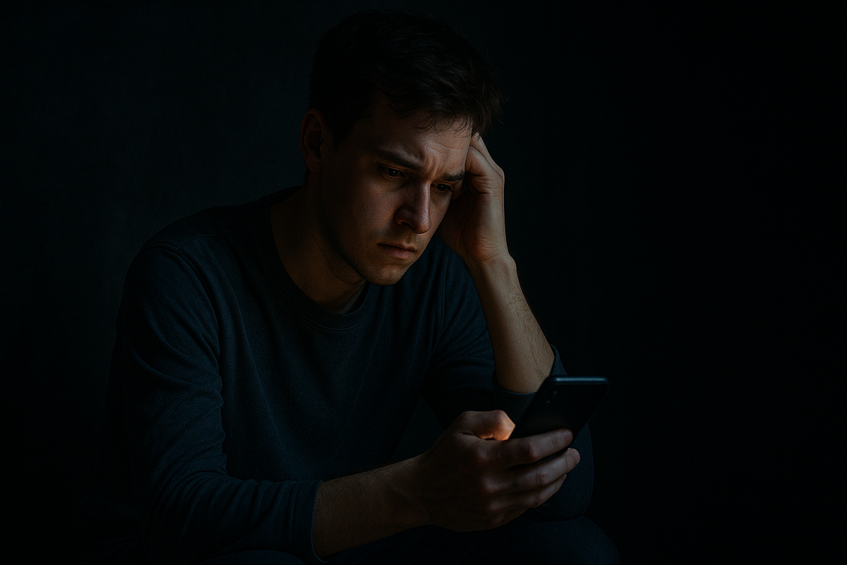 A young man staring anxiously at his smartphone in a dark room, worried about not receiving a lottery result notification.