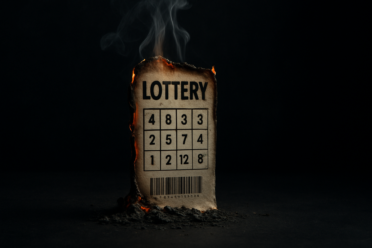 A burning lottery ticket standing on ashes, symbolizing a missed opportunity or failed attempt.