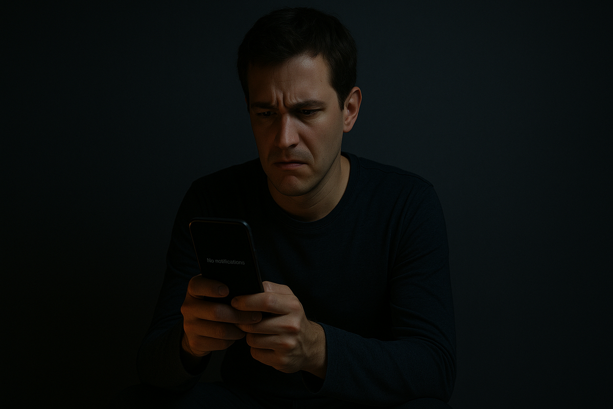 A worried man looking at his phone screen showing 'No notifications', symbolizing anxiety over not receiving a lottery result.