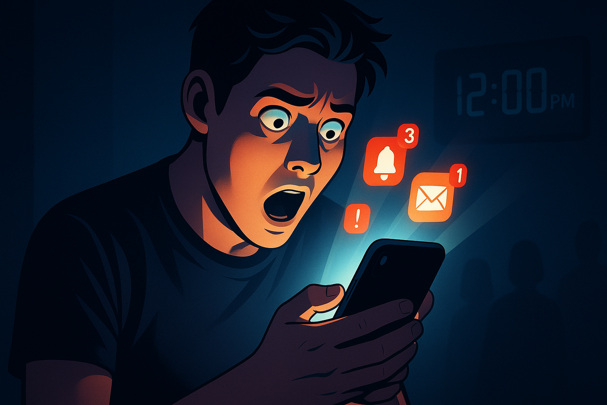 スマホの通知を見て驚愕する若者。複数の通知アイコンが浮かび上がるインパクトあるシーン