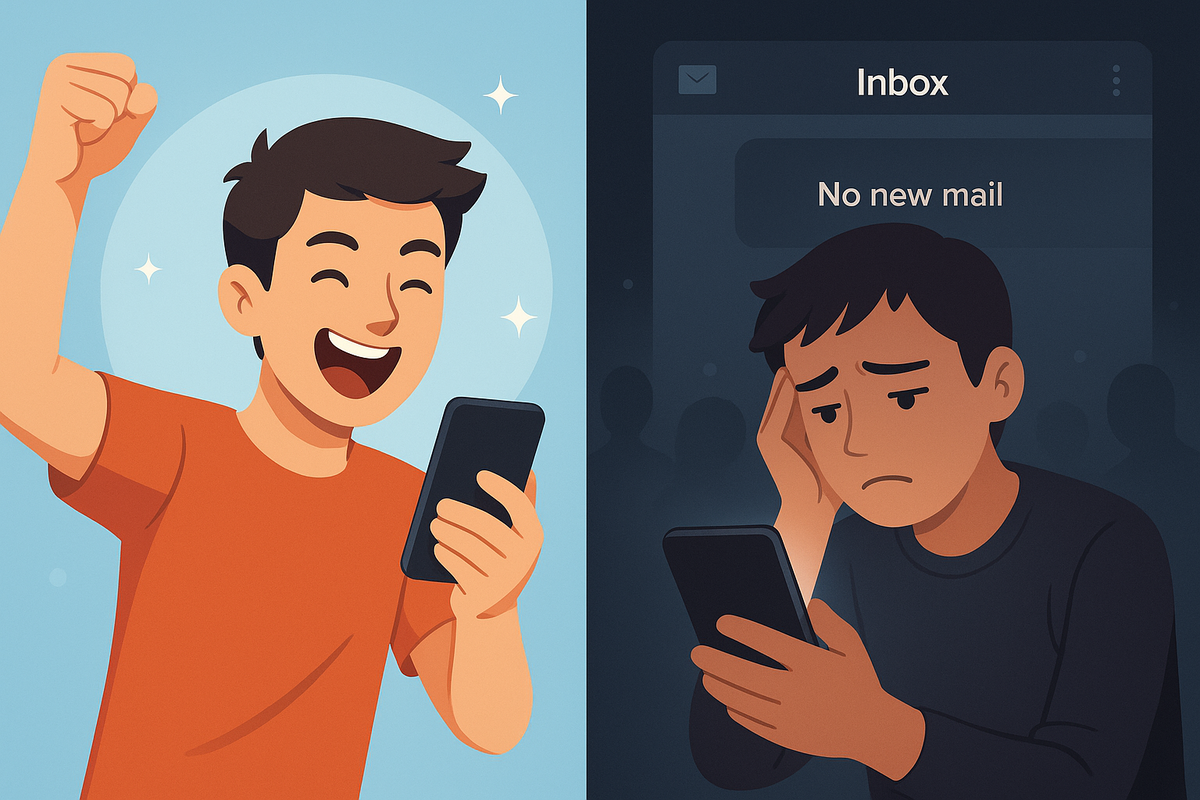 スマホの通知に喜ぶ男性と、通知ゼロに落胆する男性を対比したイラスト