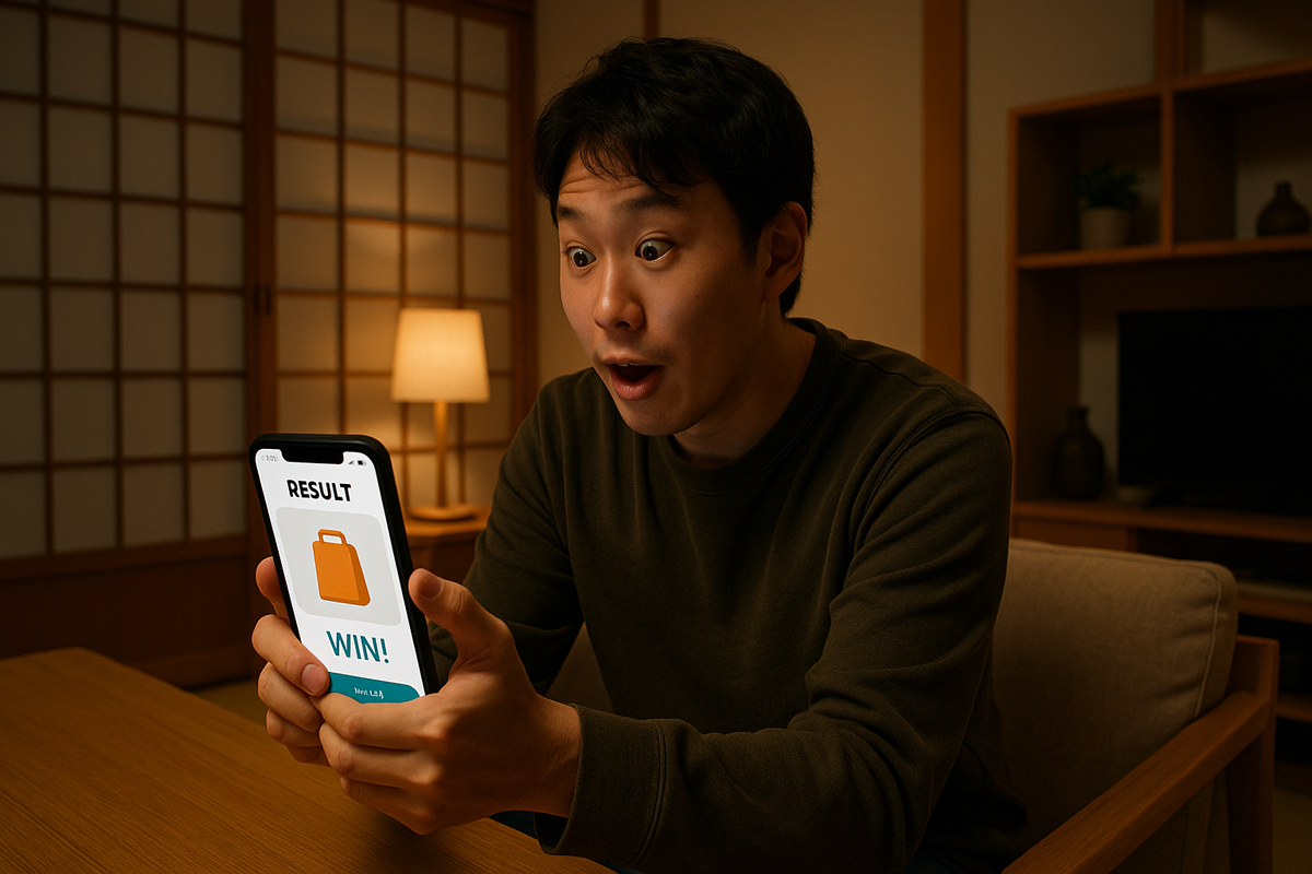 Switch2の抽選に当選して驚く男性の様子。スマホ画面に「WIN！」と表示されている。