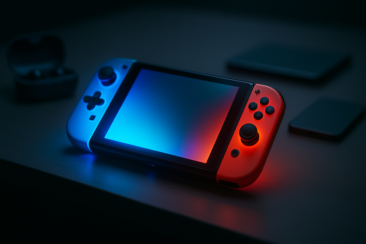 赤と青のコントローラーが光る次世代型ゲーム機。スタイリッシュなデザインが特徴の携帯型ゲームデバイス。