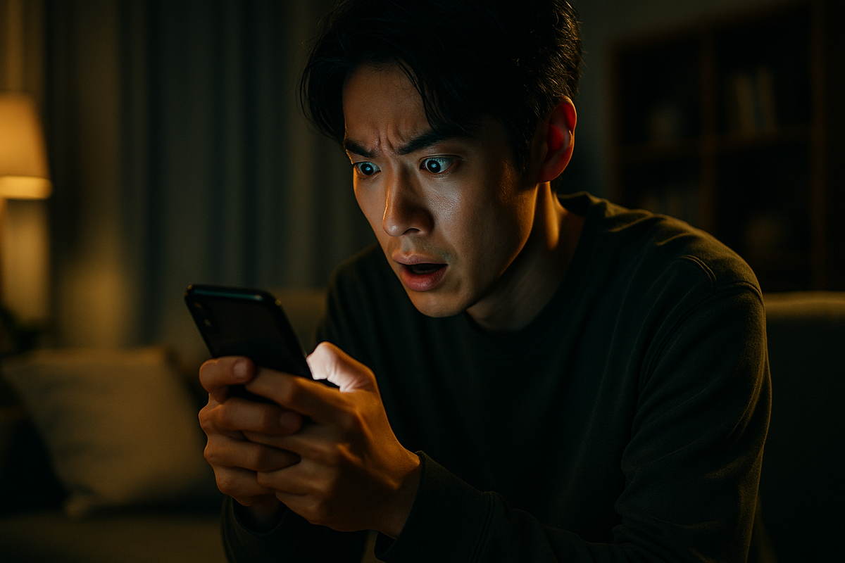 A surprised man staring at his smartphone screen in a dark room, shocked by an unexpected result, illuminated only by the screen light.