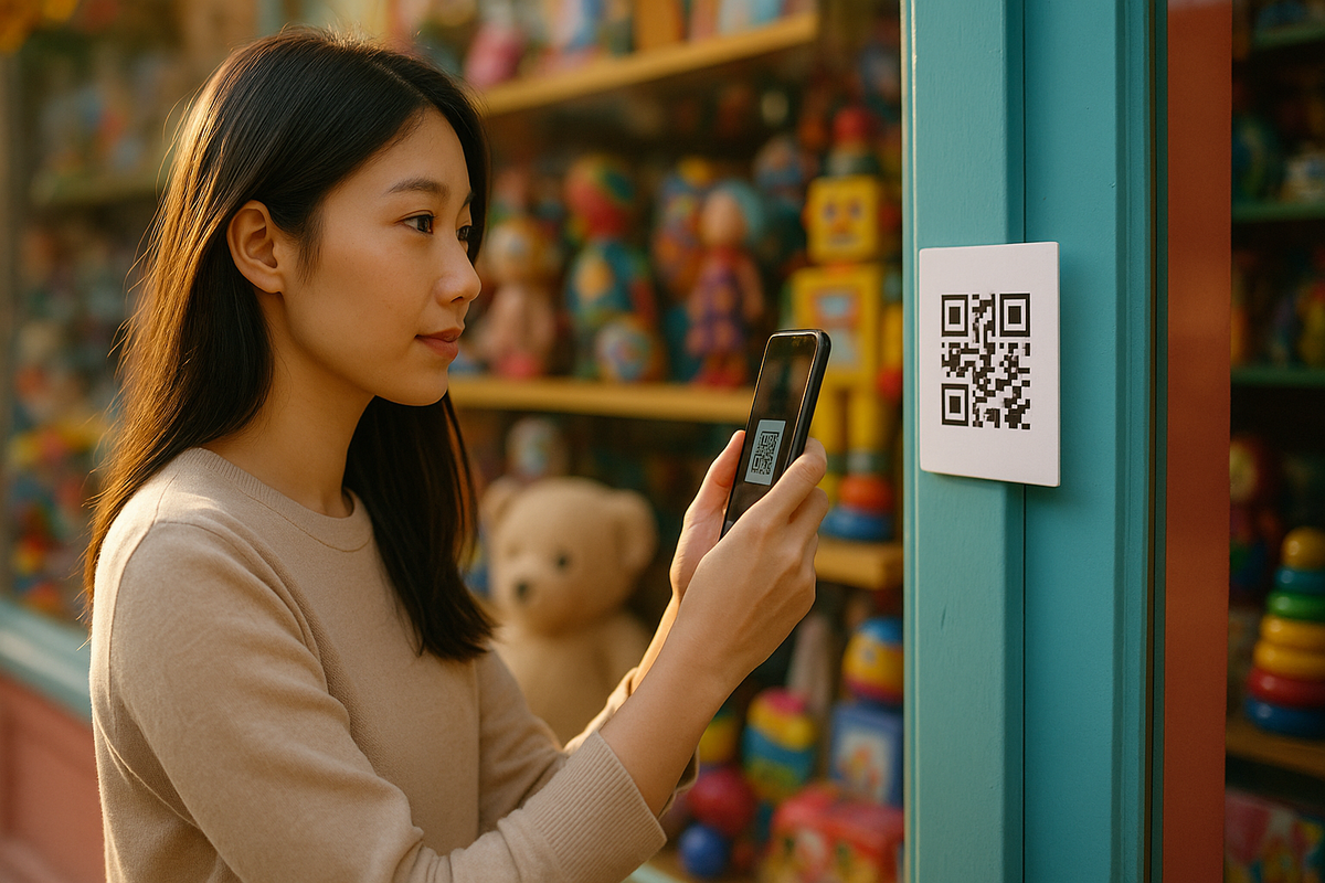 A woman scanning a QR code with her smartphone in front of a colorful toy store window, representing a real-world lottery entry process.