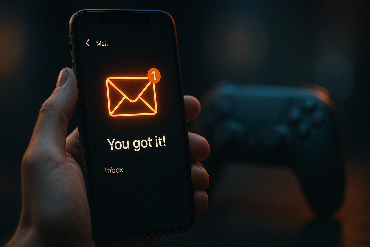 スマートフォンに「You got it!」と当選通知が表示されている画面とゲームコントローラー