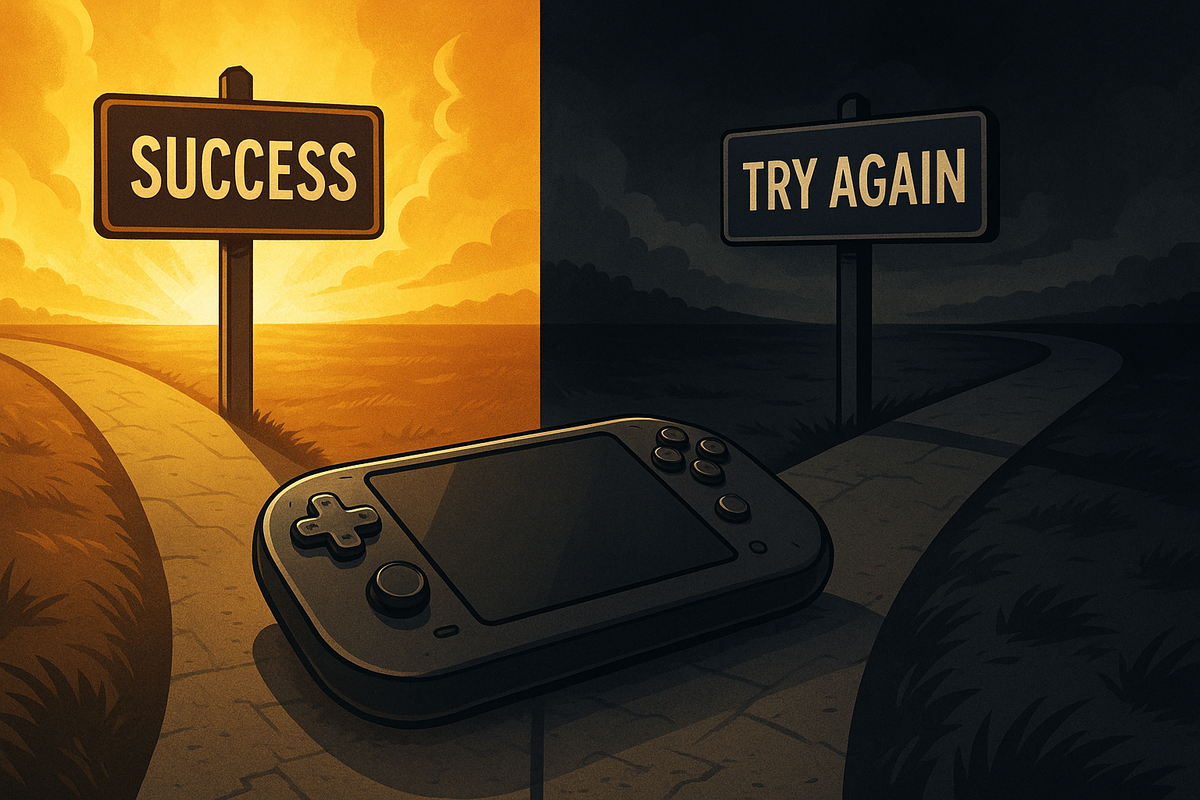 成功と再挑戦の分かれ道を示す標識と携帯ゲーム機、抽選結果を象徴する印象的な構図