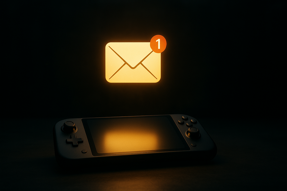 当選通知メールのアイコンがゲーム機上に浮かぶイメージ。Switch2抽選結果が届く瞬間を暗がりの中で強調。