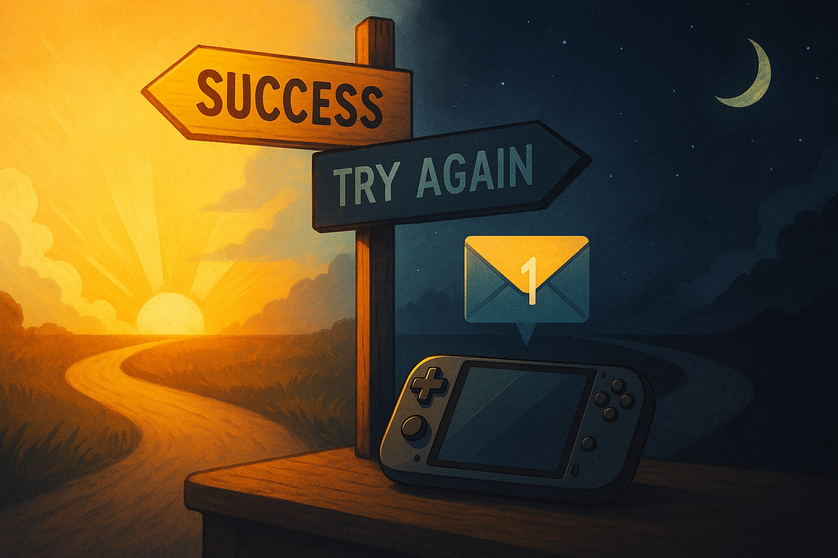 ゲーム機の前に立つ「SUCCESS」と「TRY AGAIN」の看板。画面には当選通知を示す1件のメッセージアイコンが浮かび、抽選結果の明暗を象徴する朝と夜の分かれ道。