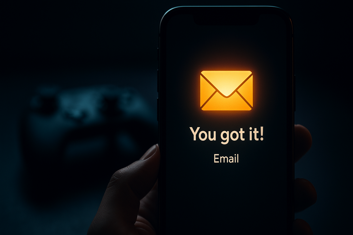 スマートフォン画面に「You got it!」と表示されたメール通知アイコン。背後にはゲームコントローラーがぼんやりと映り、ゲーム抽選結果の通知を連想させる。