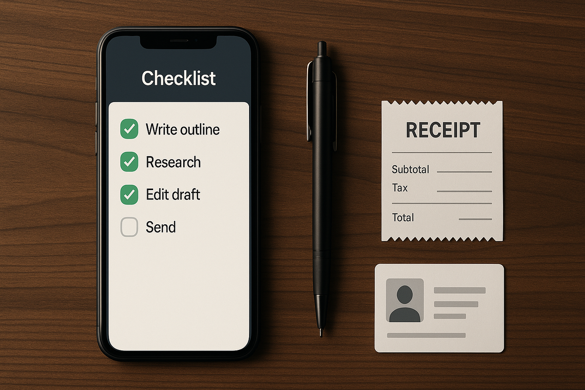 Checklist on smartphone screen with steps: write outline, research, edit draft, and send; black pen and receipt beside it on wooden desk