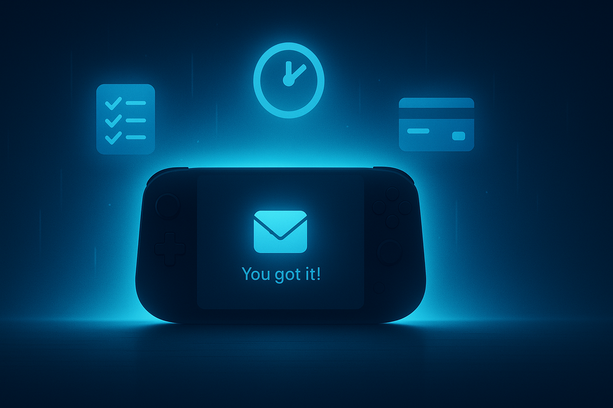 Futuristic handheld console with 'You got it!' message, surrounded by icons representing checklist, timer, and payment