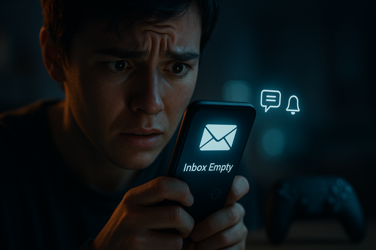 A worried young man staring at his phone with a message saying "Inbox Empty", hoping for a notification, dim background with gaming elements
