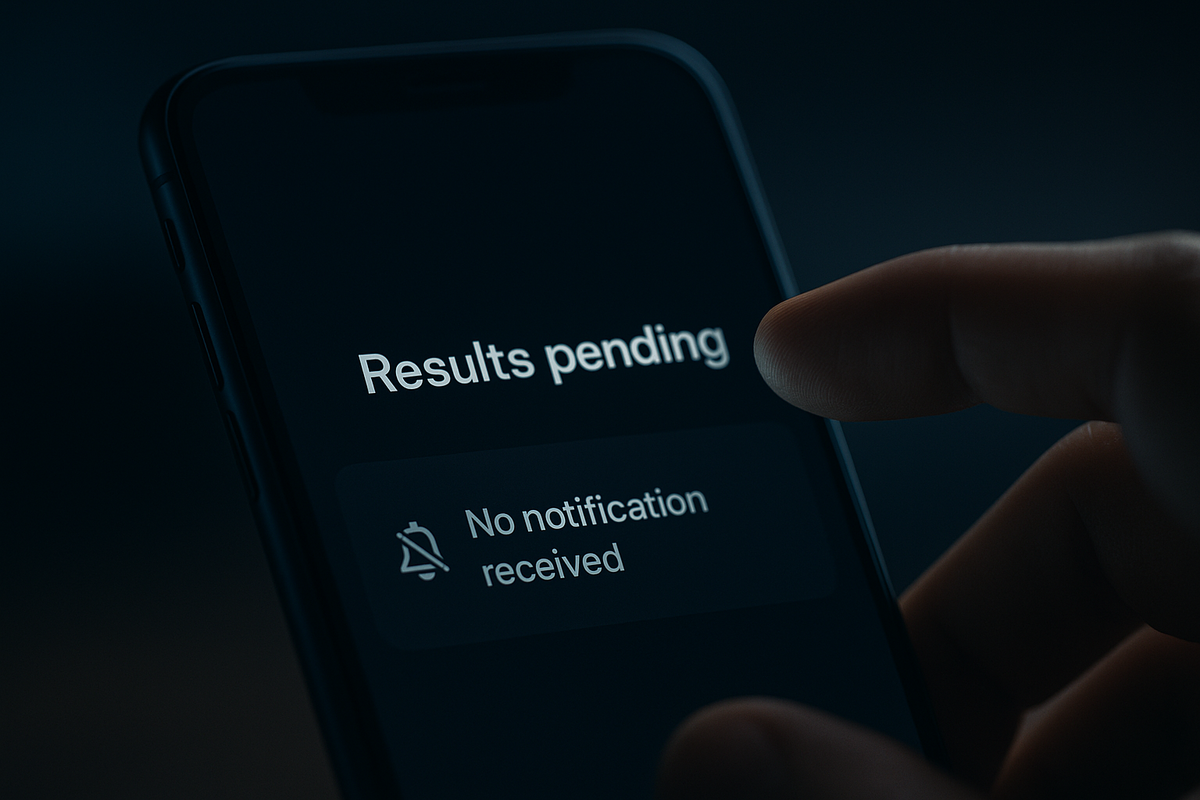 Smartphone screen showing “Results pending” and “No notification received”, with a finger touching the display, indicating pending lottery or email result