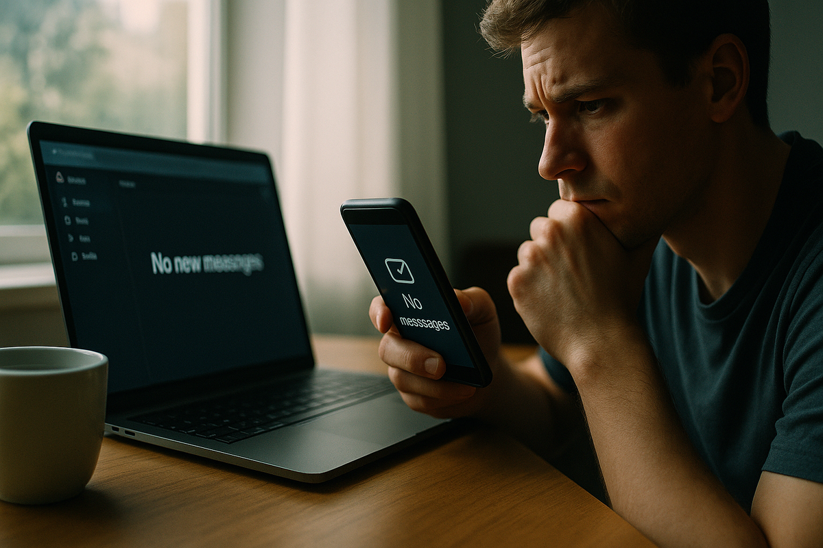A man looking concerned while checking his phone and laptop, both screens showing “No messages”, indicating he's waiting for an important email or notification