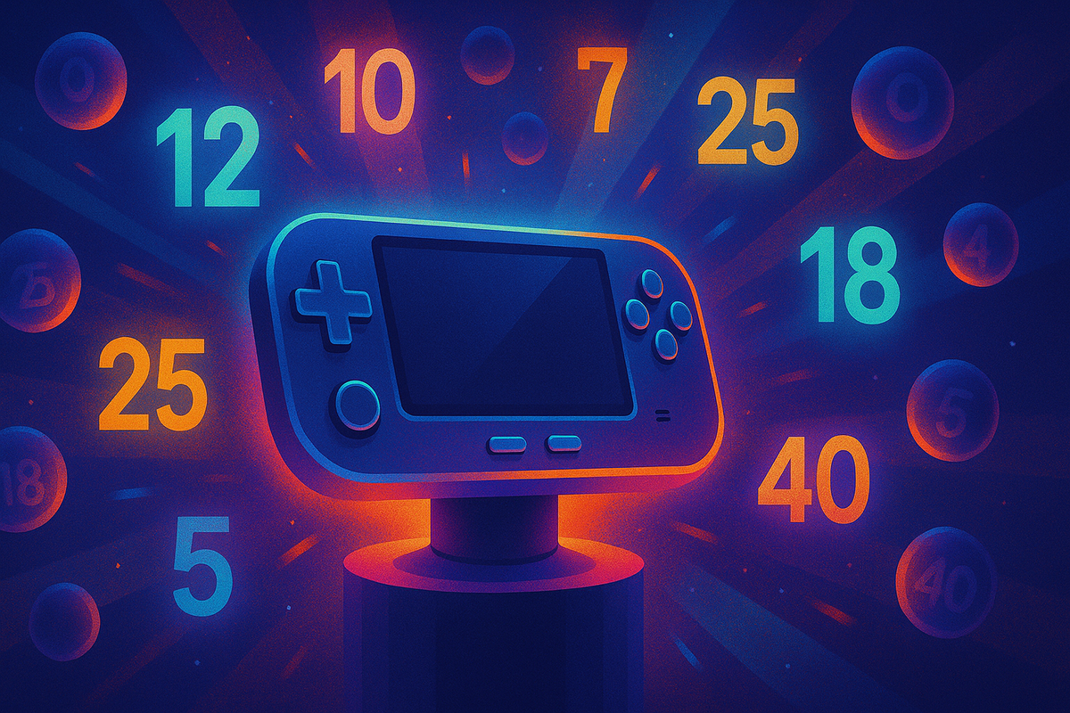 Nintendo風ゲーム機と当選番号を思わせる数字が浮かぶ、抽選イメージの幻想的イラスト