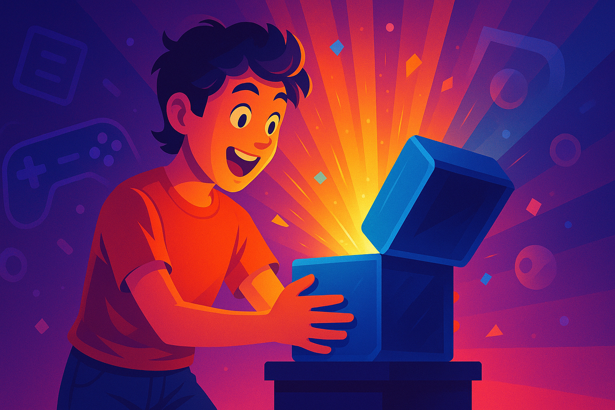 A boy opening a glowing mystery box with excitement, surrounded by subtle gaming icons, colorful digital illustration