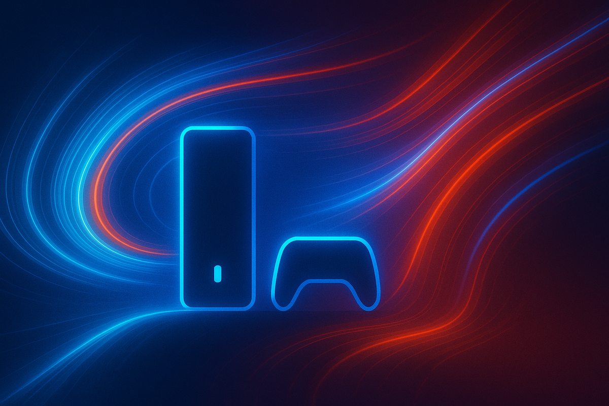 Futuristic blue and red glowing console and controller with dynamic energy waves, symbolizing gaming performance and power