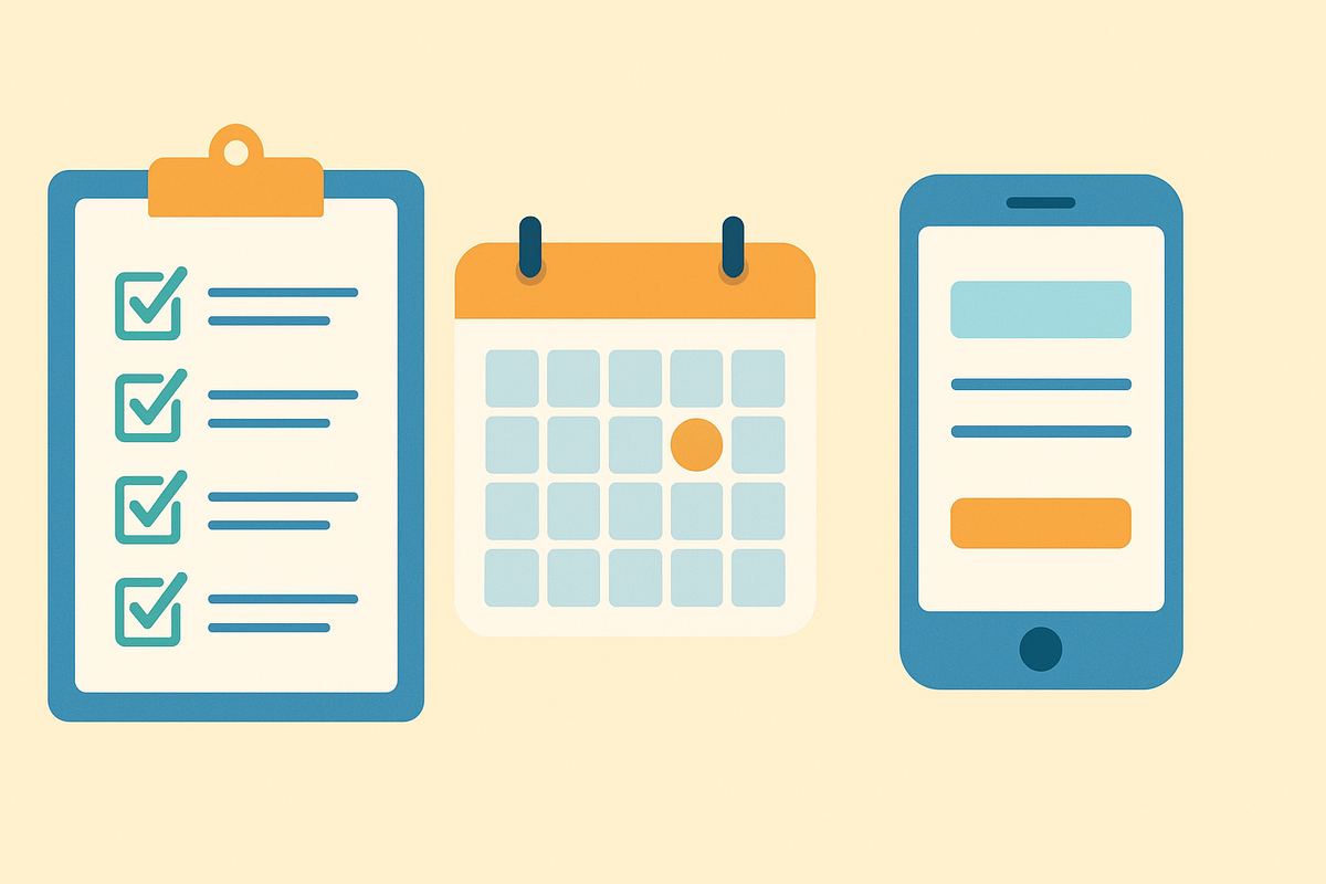 Illustration of a checklist, calendar, and smartphone app interface, symbolizing productivity and task management tools